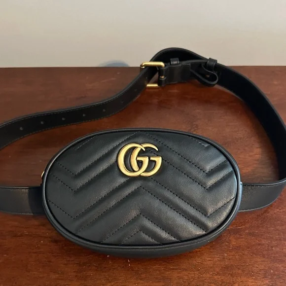 Gucci Black Chevron Belt Bag with Gold Logo Gucci Black Chevron Leather GG Marmont Belt Bag Gucci | TLC US main image 2
